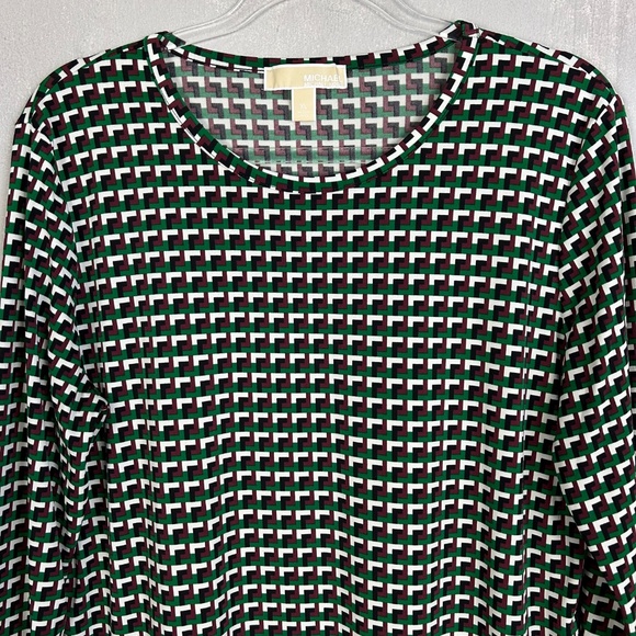 Michael Kors women size XL long sleeve top brown green geometric stretch jersey - Picture 3 of 15